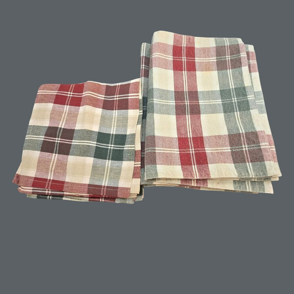 Napkins and Placemats Set Of 7 Fall Plaid Red Green & Beige Cotton JJ4217